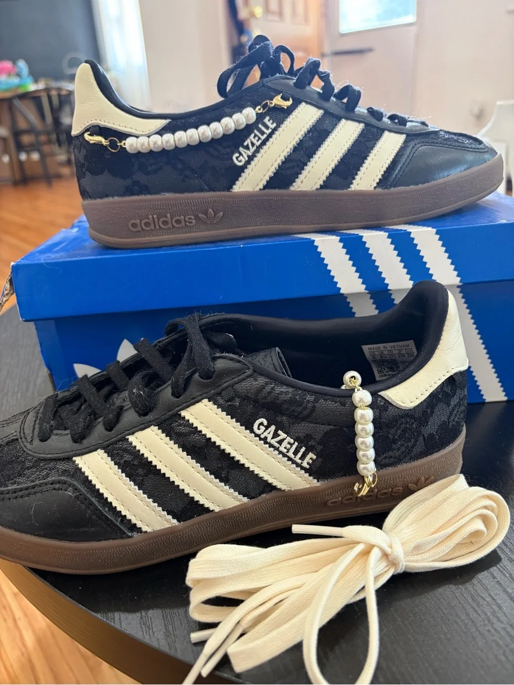adidas Gazelle Black and Cream Lace-Up Sneakers with Pearl Accent